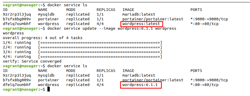 Visualizando la actualización de imagen del servicio WordPress