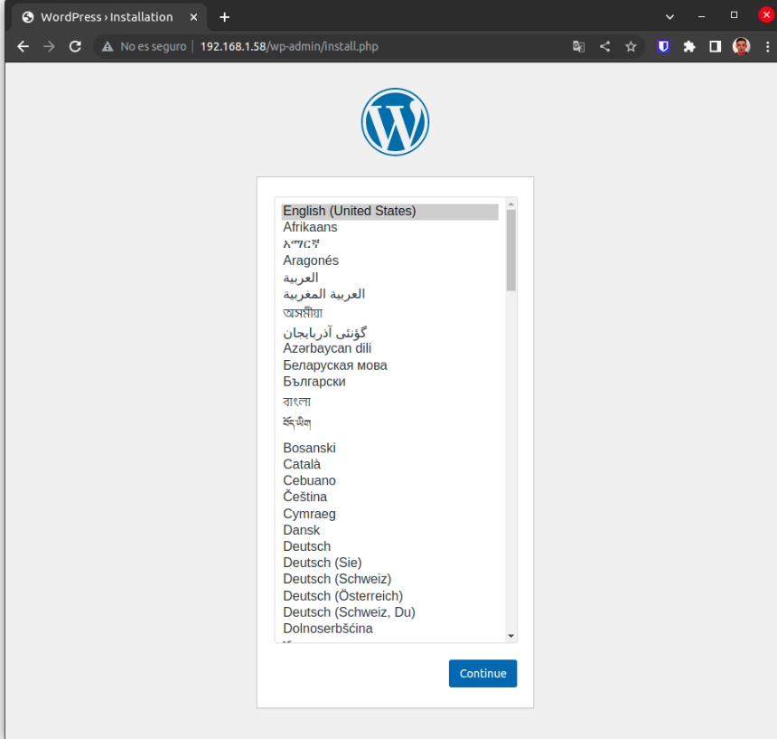 Pantalla de instalación de WordPress