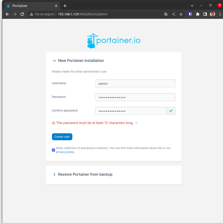 Portainer login, and password creation screen